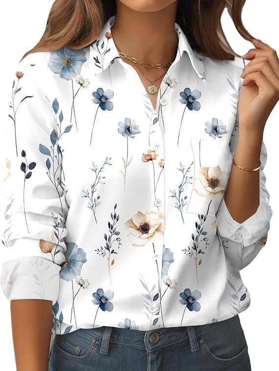 Zeagoo Women's Floral Button Down Long Sleeve Work Blouse with Pocket