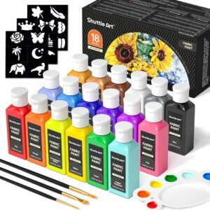 Shuttle Art Fabric Paint Set – 18 Colors Permanent Soft Textile Paint with Brushes, Palette & Stencils