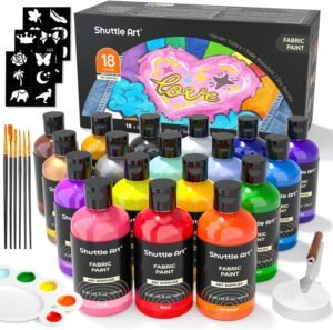 Shuttle Art Fabric Paint Set – 18 Colors, 250ml/8.45oz Permanent Textile Paint with Brushes & Stencils