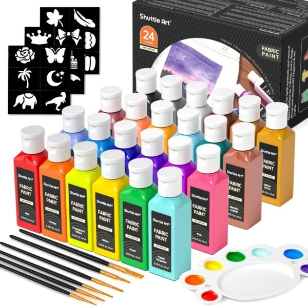 Shuttle Art Fabric Paint 24 Colors Permanent Textile Paint with Brushes and Stencils