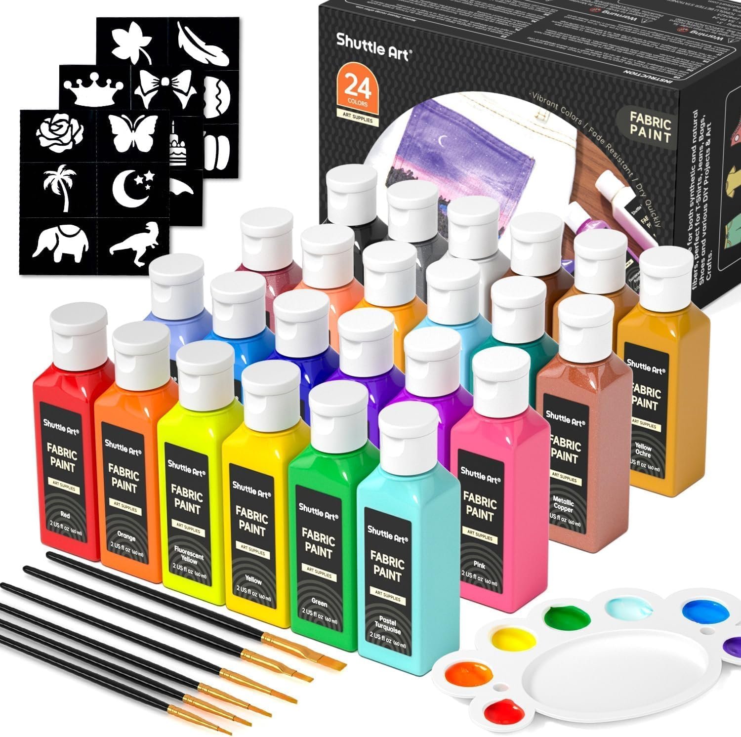 Shuttle Art Fabric Paint 24 Colors Permanent Textile Paint with Brushes and Stencils