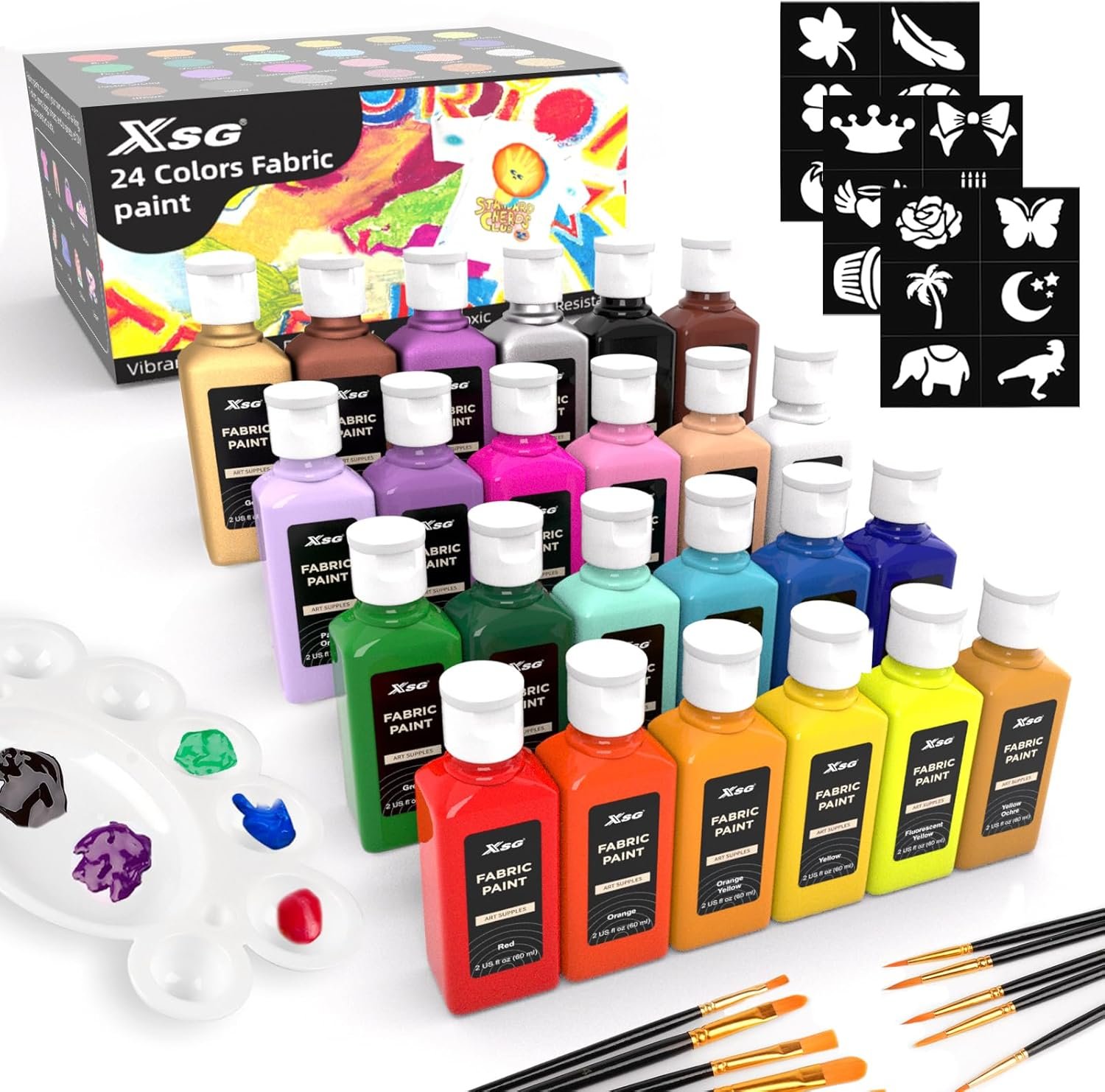 24 Colors Fabric Paint for Clothes with 10 Brushes Stencils and Palette