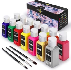 Magicfly Fabric Paint Set – 14 Colors x 60ml Permanent Textile Paint with 3 Brushes