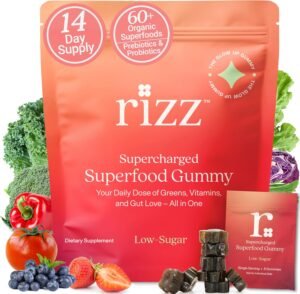 RIZZ Low Sugar Green Gummies with 60 plus superfoods 6g fiber prebiotic probiotic vegan gluten free