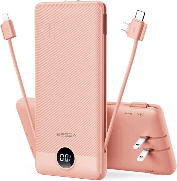 VEGER portable charger power bank for iPhone with built-in cables and wall plug