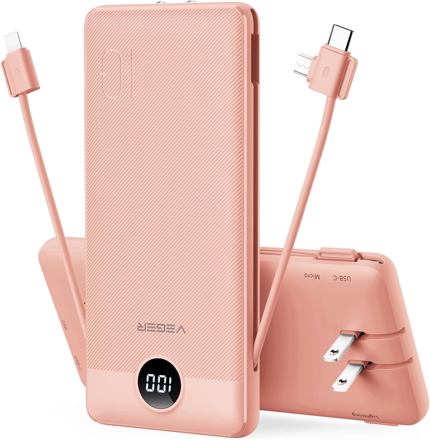 VEGER portable charger power bank for iPhone with built-in cables and wall plug