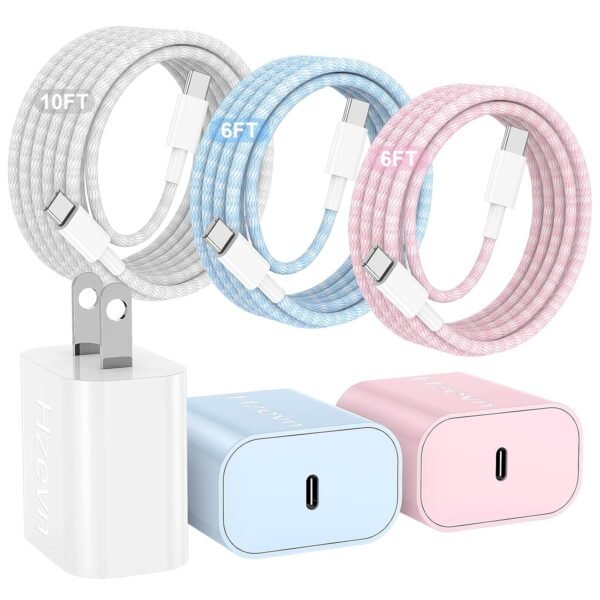 20W USB-C fast charger 3-pack with colorful blocks and long braided USB-C cables