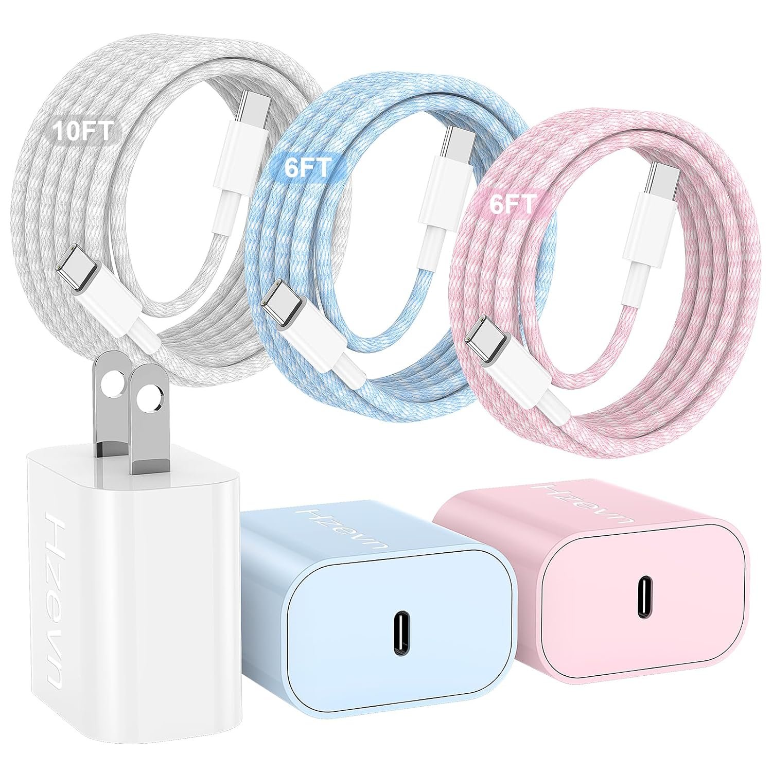 20W USB-C fast charger 3-pack with colorful blocks and long braided USB-C cables