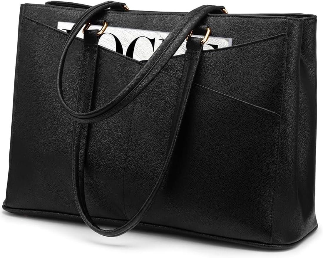 LOVEVOOK black waterproof leather 15.6-inch laptop tote bag for women