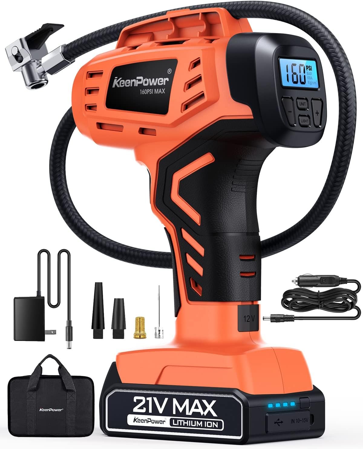 KeenPower 21V cordless tire inflator air compressor with rechargeable battery and digital pressure gauge