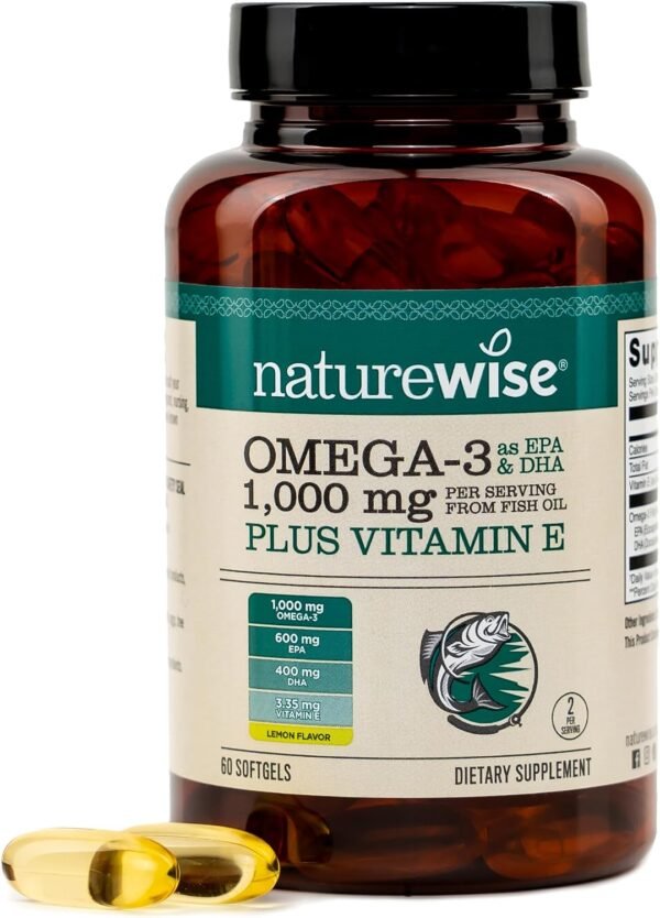 NatureWise Extra-Strength Omega 3 Fish Oil 1000mg 600 EPA 400 DHA Vitamin E 60 Softgels