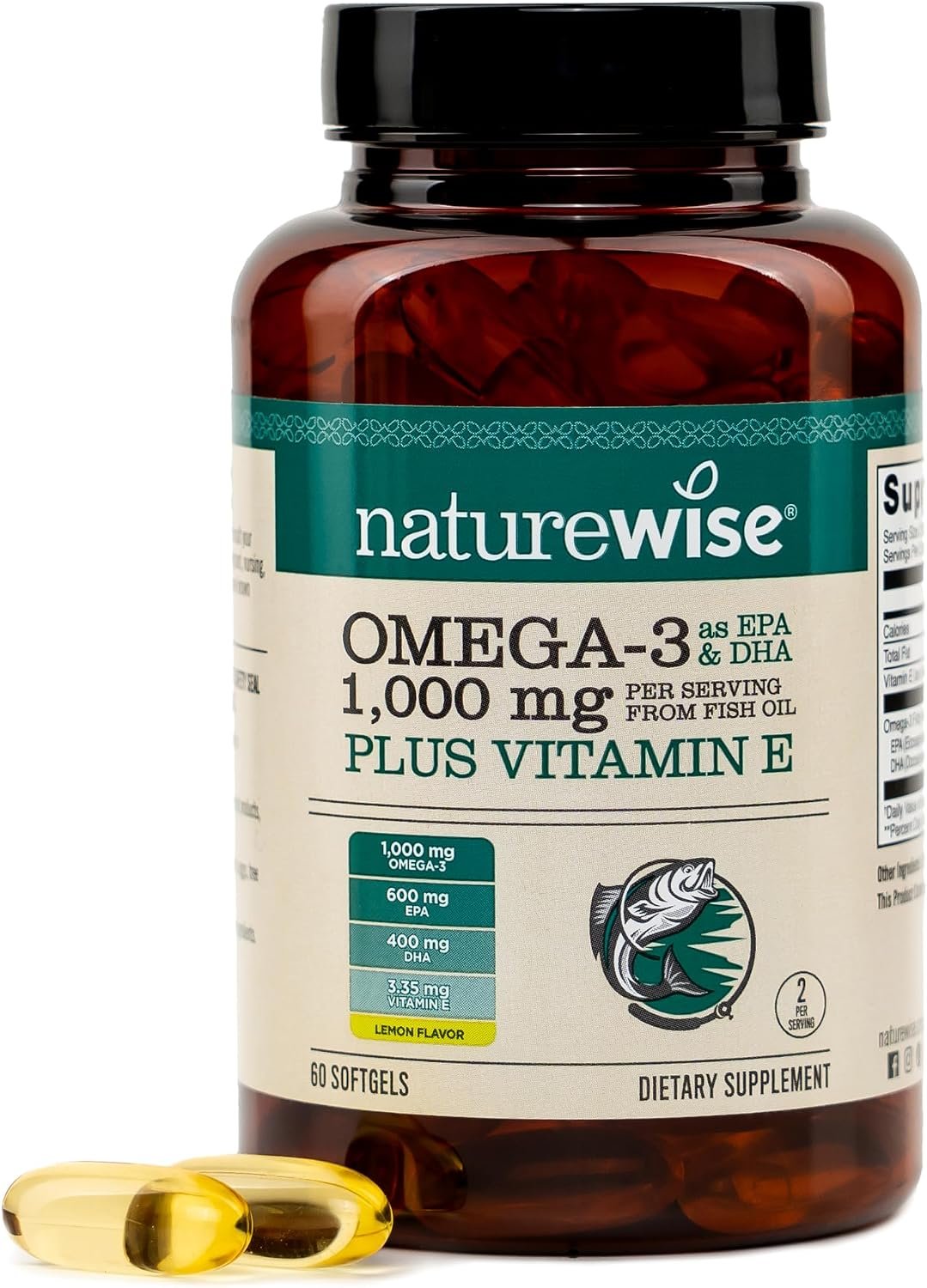 NatureWise Extra-Strength Omega 3 Fish Oil 1000mg 600 EPA 400 DHA Vitamin E 60 Softgels