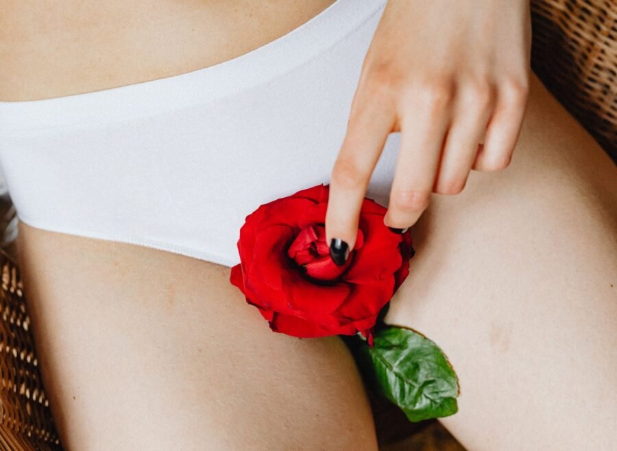 artificial hymen kit in pakistan – Conceptual close-up image featuring a red rose on white underwear, capturing a blend of elegance and subtlety.