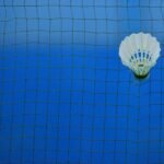 badminton net price in pakistan – Shuttlecock caught in badminton net on blue court, symbolizing sport and challenge.