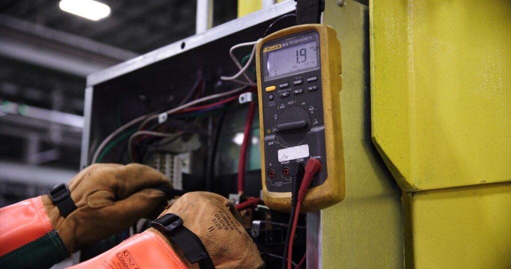 digital ampere meter – Electrician using a multimeter to fix industrial control panel wiring.