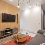 ceiling speaker price in pakistan – Interior of contemporary light apartment with couch with pillows near table on carpet and cabinet with TV on wall with speakers near lamps on ceiling