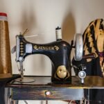embroidery frame price in pakistan – Classic Singer sewing machine with gold embroidery thread and ornate fabric, highlighting traditional craftsmanship.